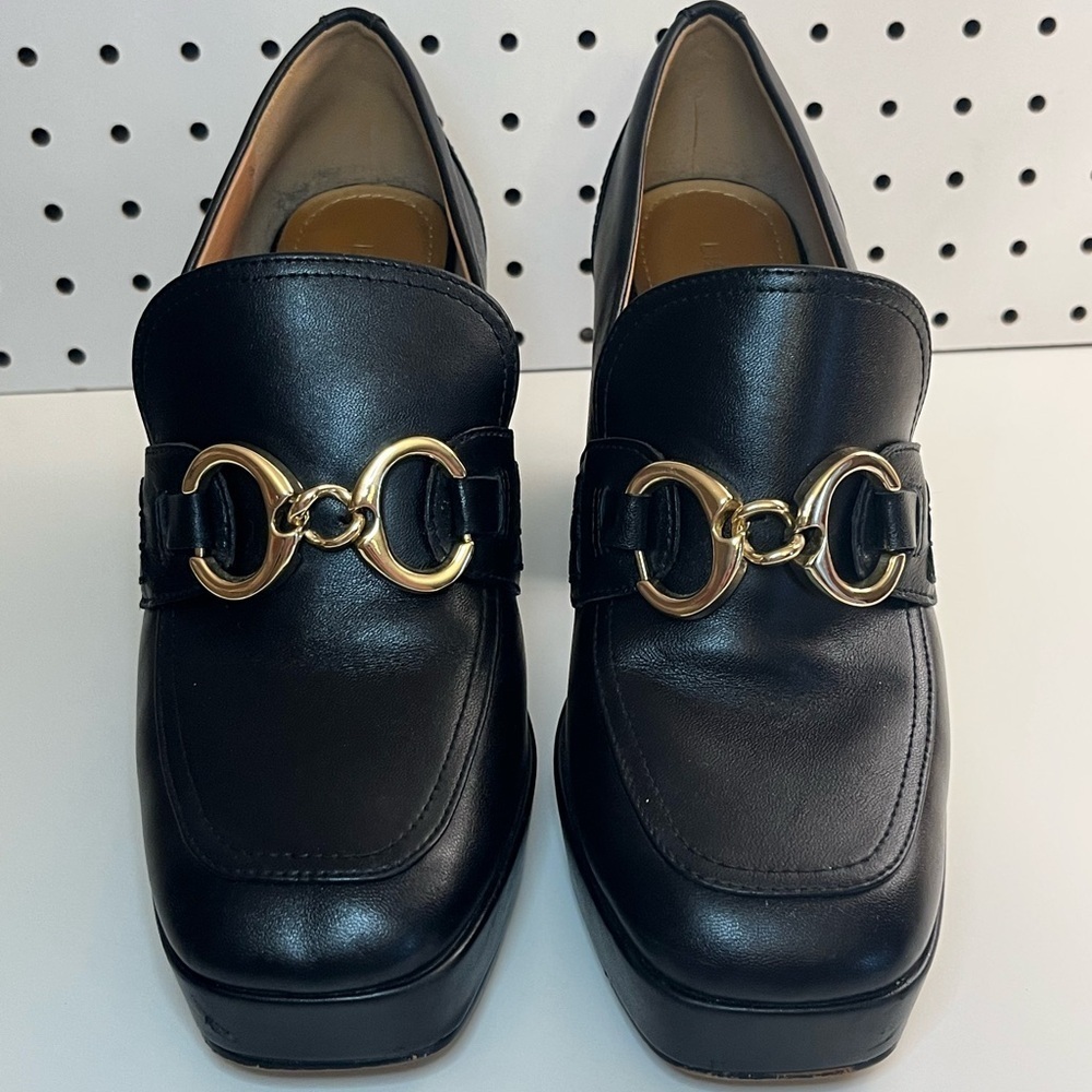 Lisa Vicky NOW Platform Loafer Pumps Black & Gold Medallion, Block Heel, Size 8 - Picture 2 of 16